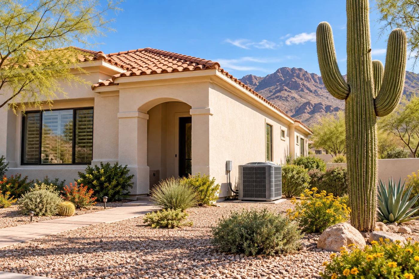 Illustrative Phoenix stucco home with desert landscaping and an outdoor air conditioner