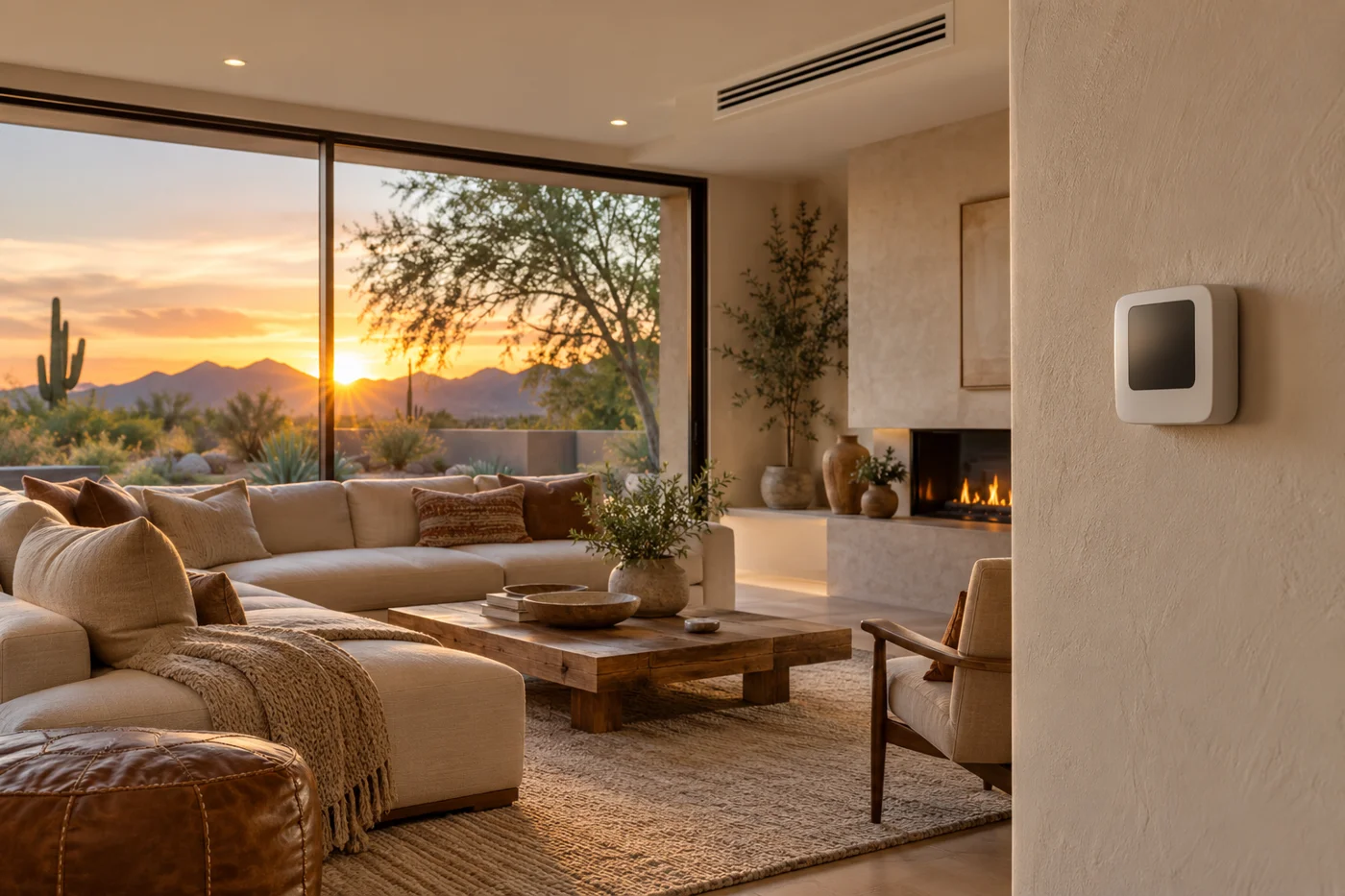Illustrative warm Phoenix living room with thermostat and desert garden outside