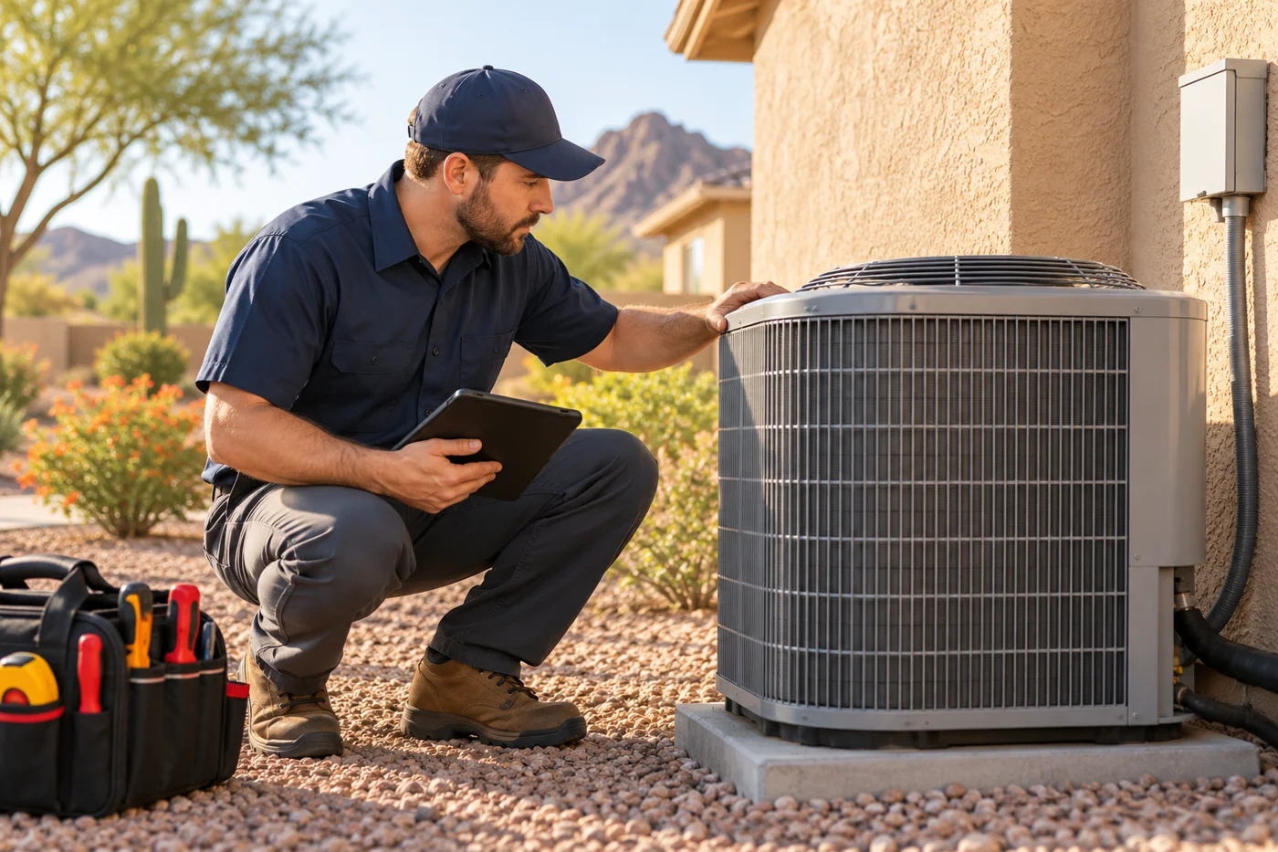 Illustrative technician assessing outdoor HVAC equipment beside a stucco house